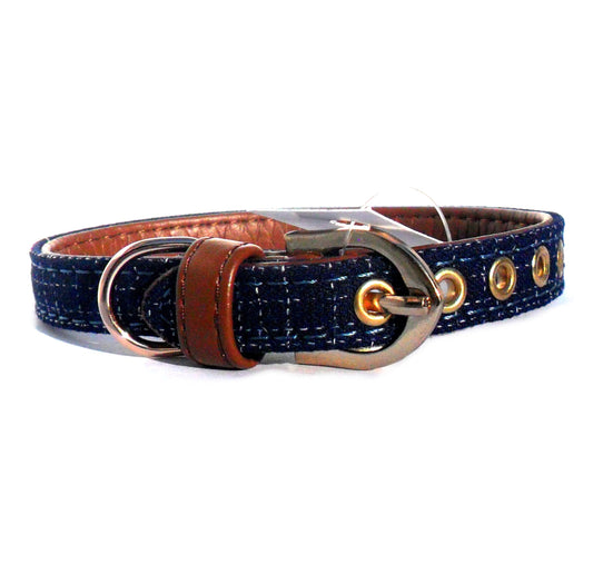 Blue Fabric & Brown Faux Leather Collar